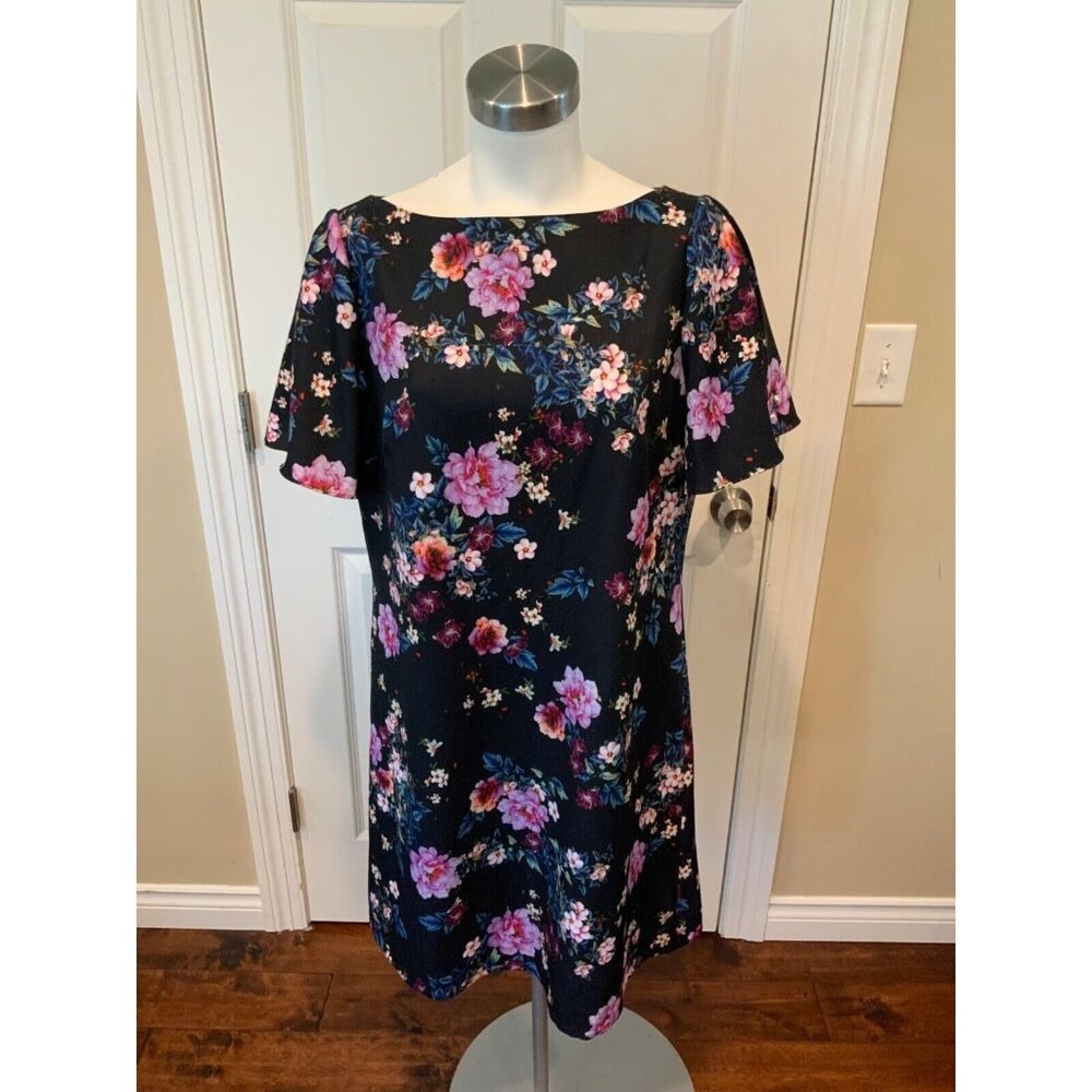 Tahari Arthur S. Levine Black Floral Shift Dress W/Flutter Sleeves, Size 10